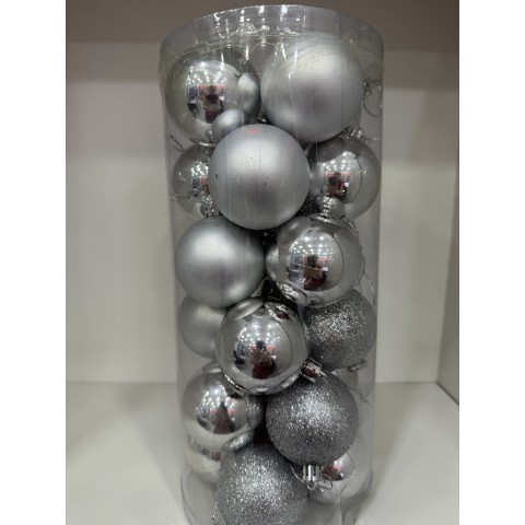 ΣΕΤ ΧΡΙΣΤΟΥΓΕΝΝΙΑΤΙΚΕΣ ΜΠΑΛΕΣ ΜΕΓΑΛΕΣ, 24 ΤΕΜΑΧΙΑ, ΧΡΩΜΑ ΑΣΗΜΙ