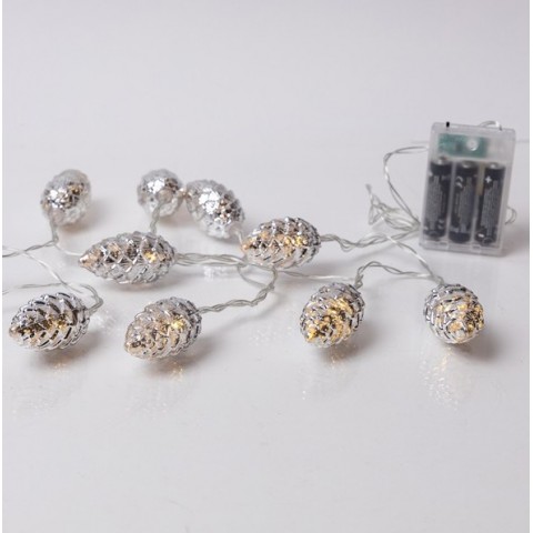 Eurolamp 20 Ασημί Κουκουνάρια με Θερμά Λευκά LED, σε Σειρά, Μπαταρίας 600-03363