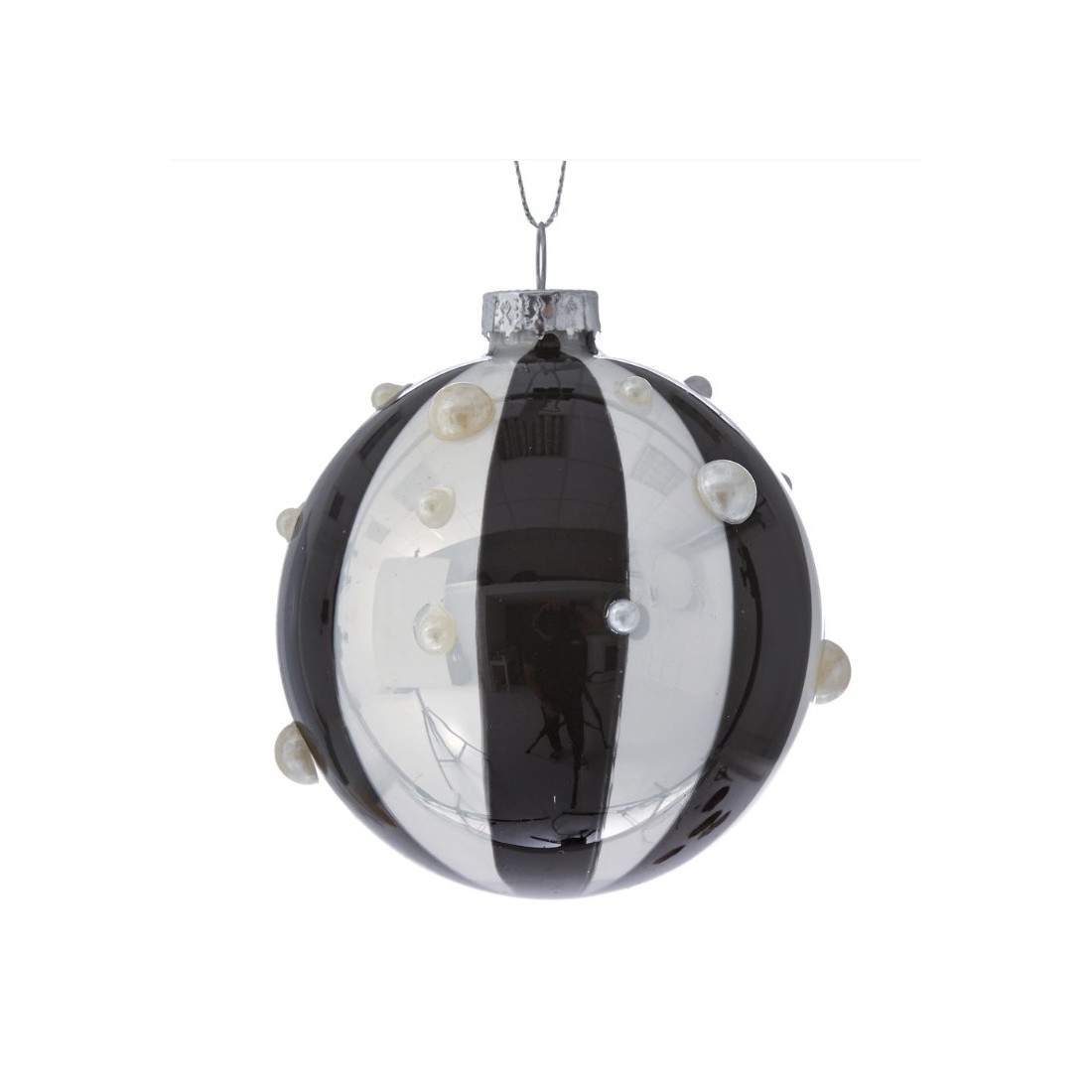 Iliadis Λευκή Μαύρη Ριγέ Γυάλινη Μπάλα Με Πέρλες 8cm, Σετ των 6 Τεμαχίων (75163)