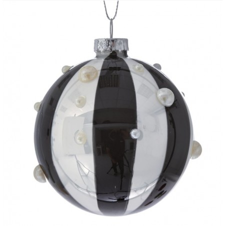 Iliadis Λευκή Μαύρη Ριγέ Γυάλινη Μπάλα Με Πέρλες 8cm, Σετ των 6 Τεμαχίων (75163)