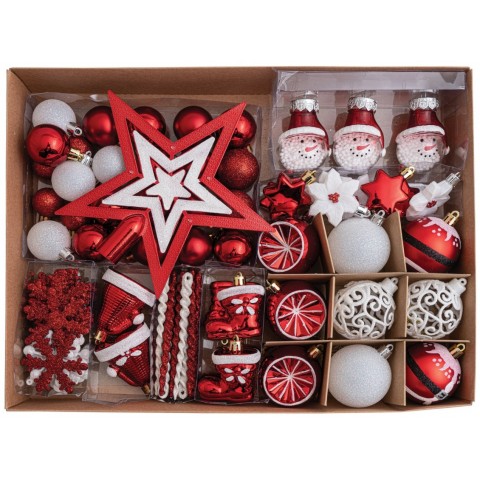Lianos Σετ 89 Τεμαχίων , Κόκκινα , Λευκά Διακοσμητικά Στολίδια, 4-12cm Και Κορυφή 19cm (23793)